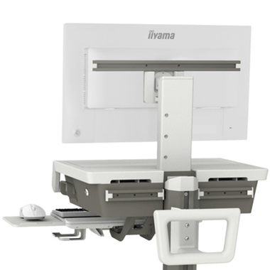 Ergonomic workstation with height-adjustable monitor and keyboard tray for flexible office work