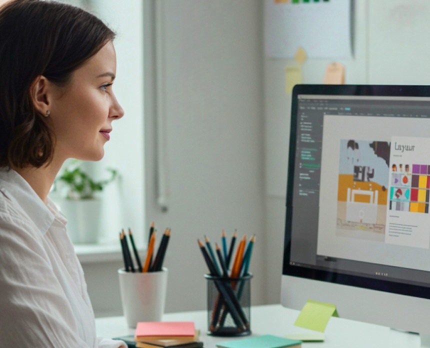 Graphic designer designing a flyer on her computer