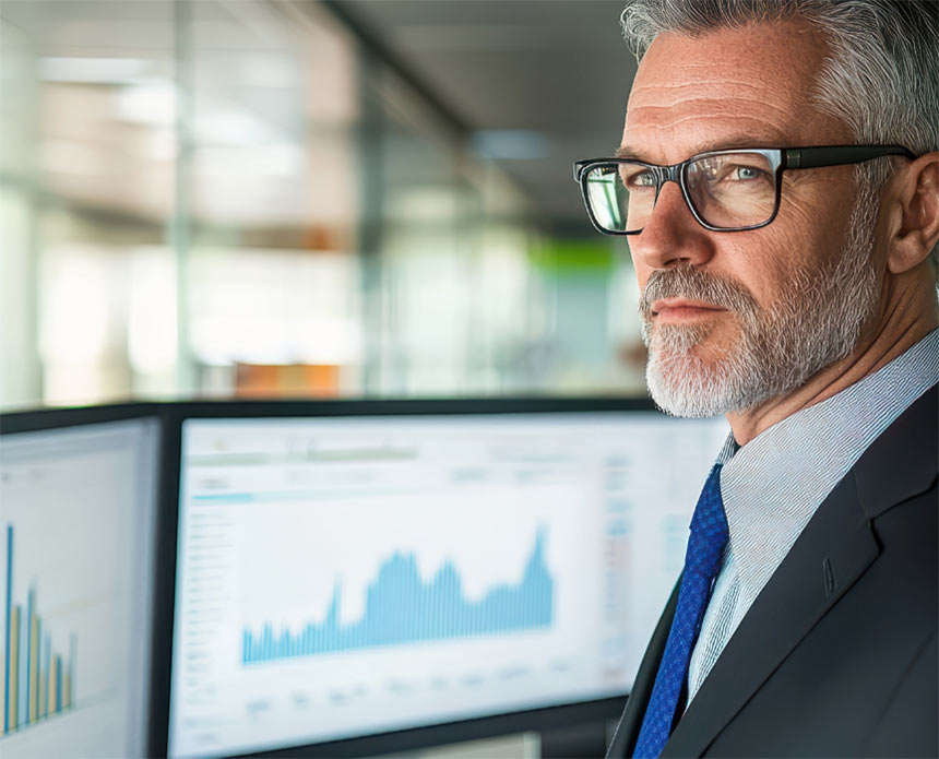 Man representing a CEO standing in front of monitors with graphics and analyses.