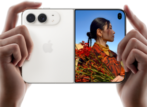 Smartphone with dual camera and edge-to-edge display showing a portrait of a woman with flowers