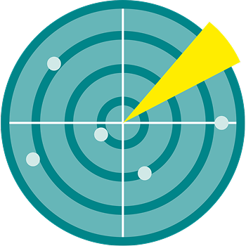 Radar screen showing multiple detected objects and an active yellow scanning beam