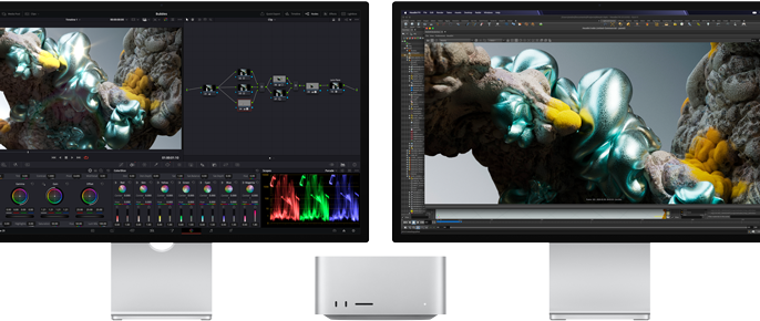 Apple Studio Display connected to a Mac Studio ;5, with DaVinci open.