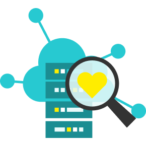 Illustration of a server with connected cloud icon and magnifying glass with heart symbolizing reliable and caring data management