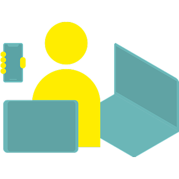 Symbolic representation of a person with smartphone and two open laptops for digital communication and work