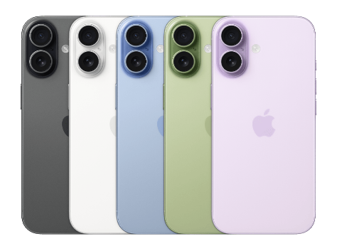 Five iPhones in different colors side by side