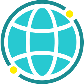 Stylized globe with two yellow dots representing global connectivity and digital communication