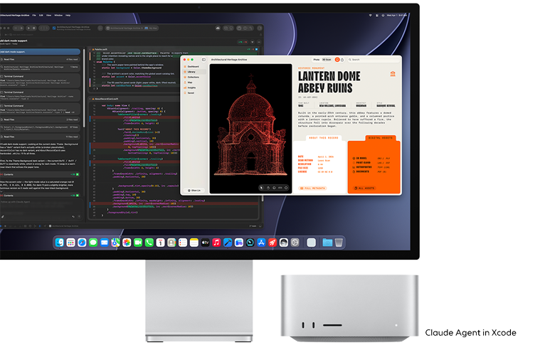 Apple Studio Display connected to a Mac Studio M5, with several applications for software development and digital archive management open.