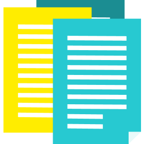 Two colored document pages with lines of text symbolizing information exchange or comparison