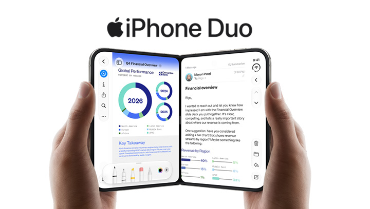 Two hands holding an open foldable smartphone displaying financial overview and messaging app on both screens