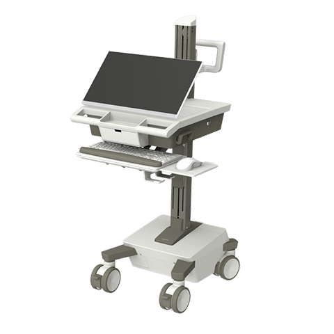 Mobile workstation with screen, keyboard, and mouse on height-adjustable rolling cart for flexible use