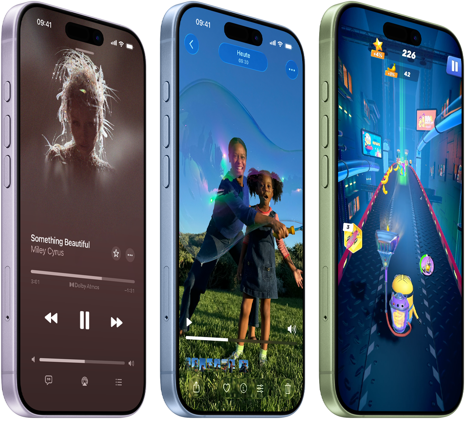 Three iPhones with music, photo, and gaming apps
