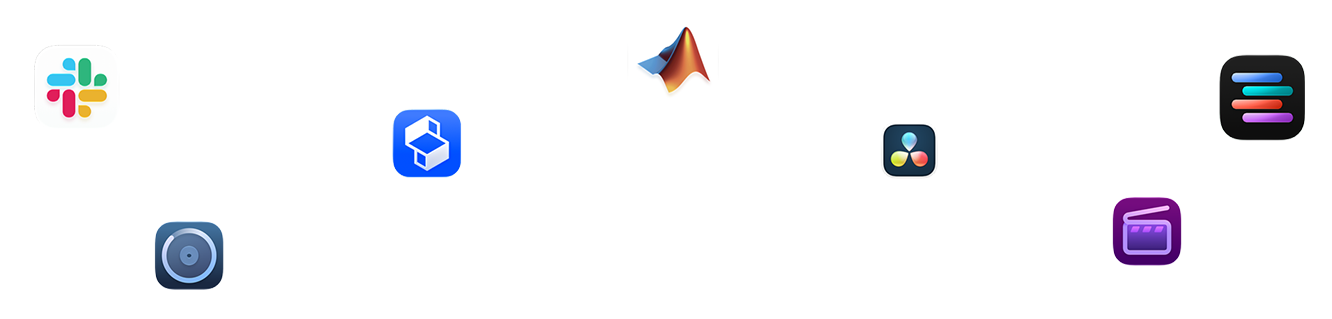 Apple Mac mini M6 | Various app icons are floating around.