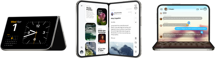 Three foldable smartphones in different usage modes showing calendar, messaging, and chat features