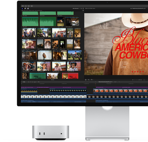 Apple Mac mini M6 with Studio Display for professional video editing using the media library and timeline.