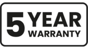 Icon indicating a five-year warranty emphasizing product reliability and customer protection